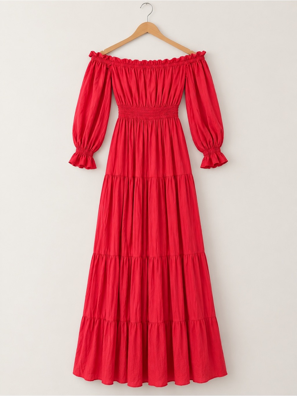 Off-Shoulder Tiered Maxi Dress in Red